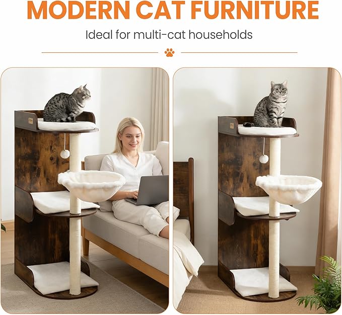 Modern Wood Cat Tree Tower for Indoor Large Cats, Cat Scratching Posts - Image 3