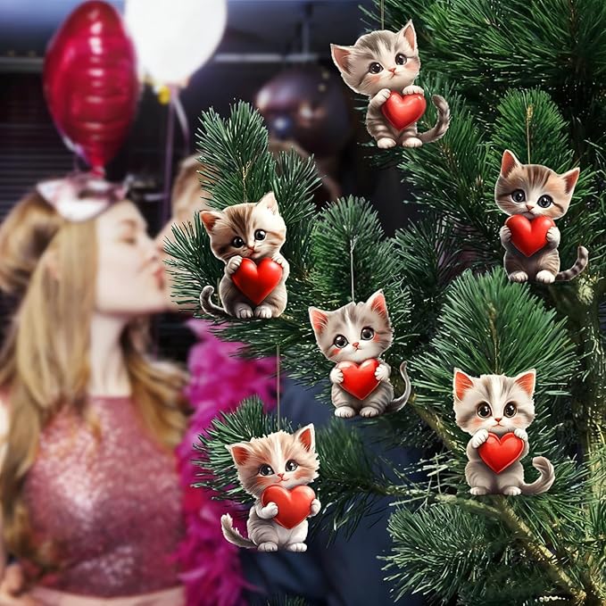 8 Pcs Valentine's Day Ornaments Cute Cat Holding a Red Heart Designs 2D Acrylic - Image 5