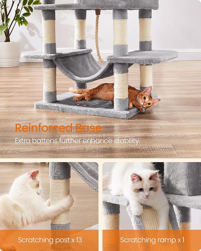 Feandrea Cat Tree, 66.1-Inch Large Cat Tower, 2 Perches, 2 Caves, Light Gray - Image 8