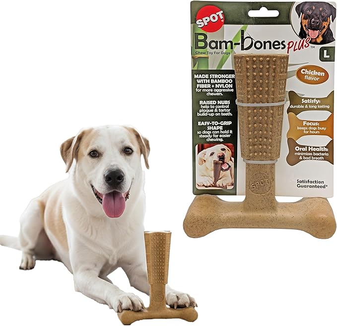 SPOT Bam-Bones Plus T-Bone, Bamboo Fiber & Nylon Dog Chew, Durable by SPOT