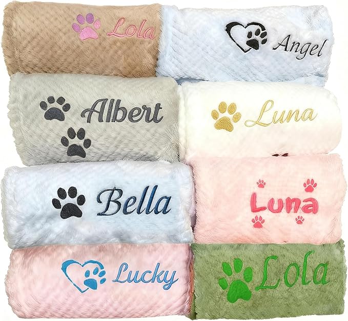 Personalised Pet Blanket with Name & Paw Print, Custom Embroidered Dog Cat by Saadiya