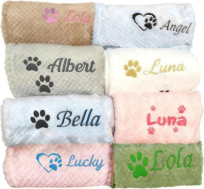 Personalised Pet Blanket with Name & Paw Print, Custom Embroidered Dog Cat by Saadiya