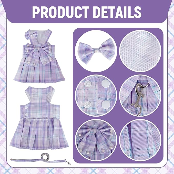 Cute Plaid Dog Dress Clothes for Small Dogs Cats Girl Purple Plaid Dog Dress - Image 4
