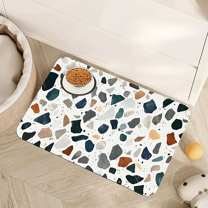 Terrazzo Stone Colorful Dog Cat Food Mat, Absorbent Pet Feeding Mat by Unknown