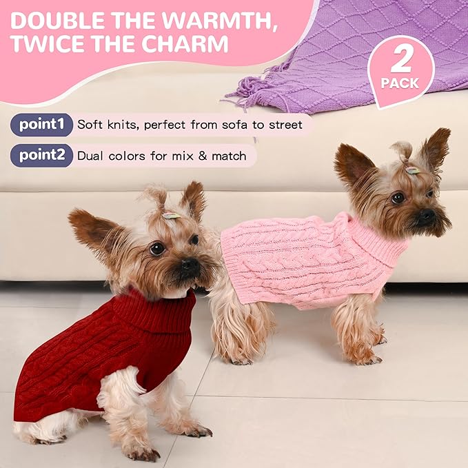 2 Pack Dog Sweaters for Small Dogs Winter Turtleneck Pullover Cable Knit Fleece - Image 2