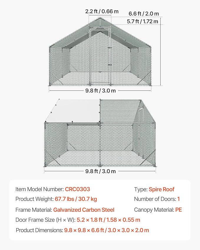 VEVOR Large Metal Chicken Coop, 9.8 x 9.8 x 6.6 ft, Walk-in Chicken Run House - Image 7