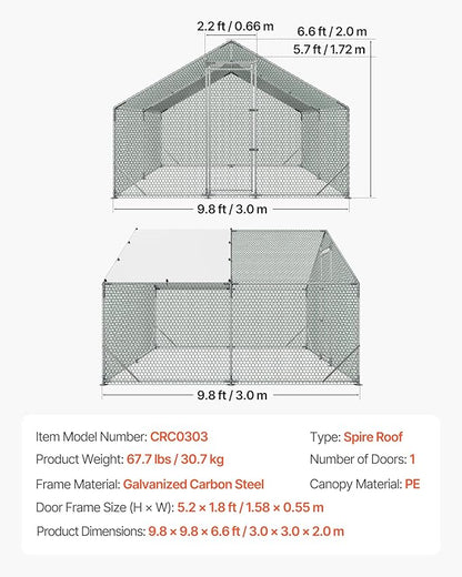 VEVOR Large Metal Chicken Coop, 9.8 x 9.8 x 6.6 ft, Walk-in Chicken Run House - Image 7