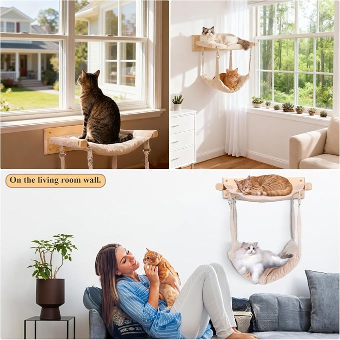 JSPYFITS Wooden Cat Wall Hammock, 18.9 x 12.6 Inch Double Layer Cat Furniture - Image 5