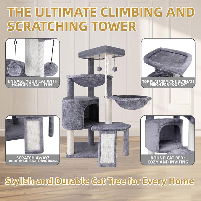 3-Tier Cat Tree with 2 Hammocks & Condo, Rope Ladder, Replaceable Hanging Balls - Image 5