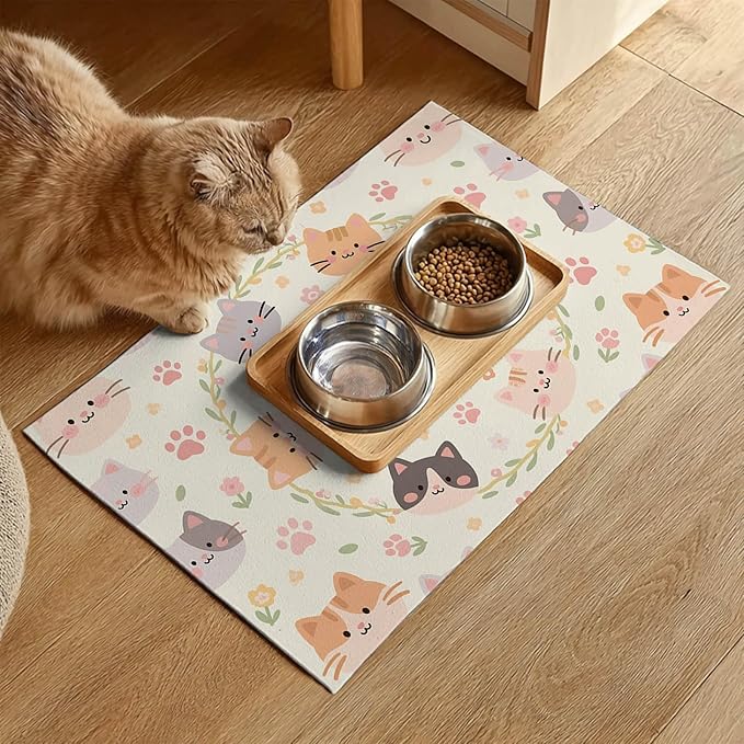 HOMETITUTE Cat Feedings Mats 20x12 inch Beige Cat Print Pet Bowl Placemat Non - Image 2