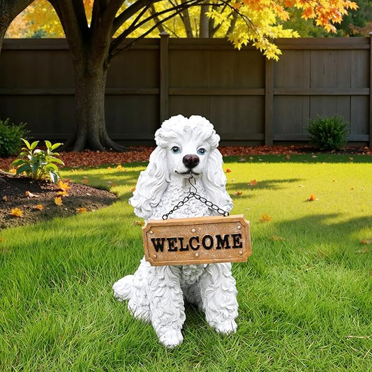 Outdoor Poodle Dog Statue with Interchangeable Welcome Sign and Detachable by Sprgarde