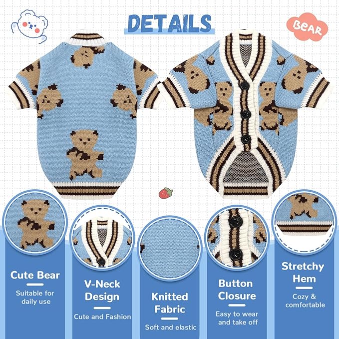 ABRRLO Small Dog Sweaters Cute Bear Dog Cardigans Clothes - Image 4