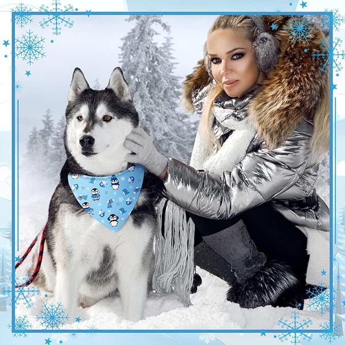 Preboun 50 Pcs Winter Dog Bandanas Bulk Blue Snowflakes Snowmen Bandanas - Image 6