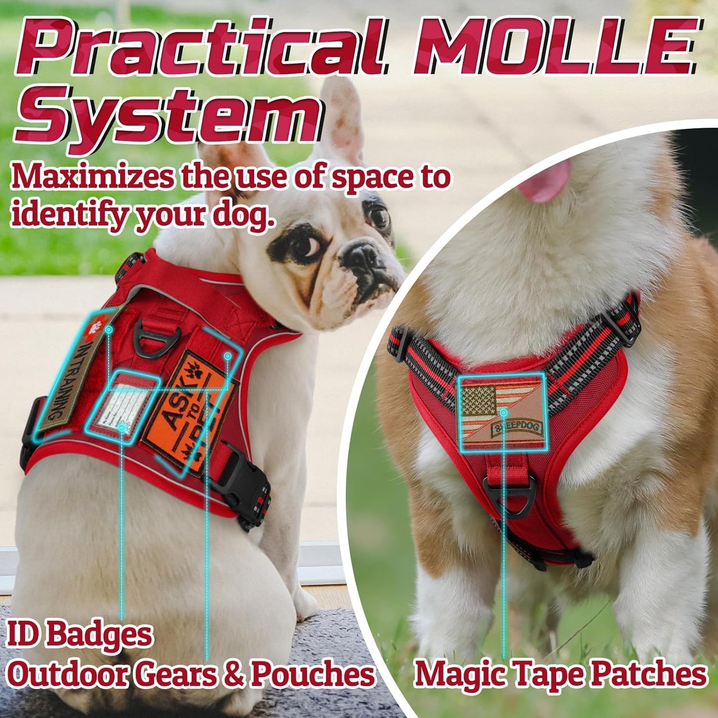 rabbitgoo Tactical Dog Harness for Large Dogs, No Pull Military Service Vest with Handle & Molle, Easy Control for Training Walking, Adjustable Reflective Straps, Red, L