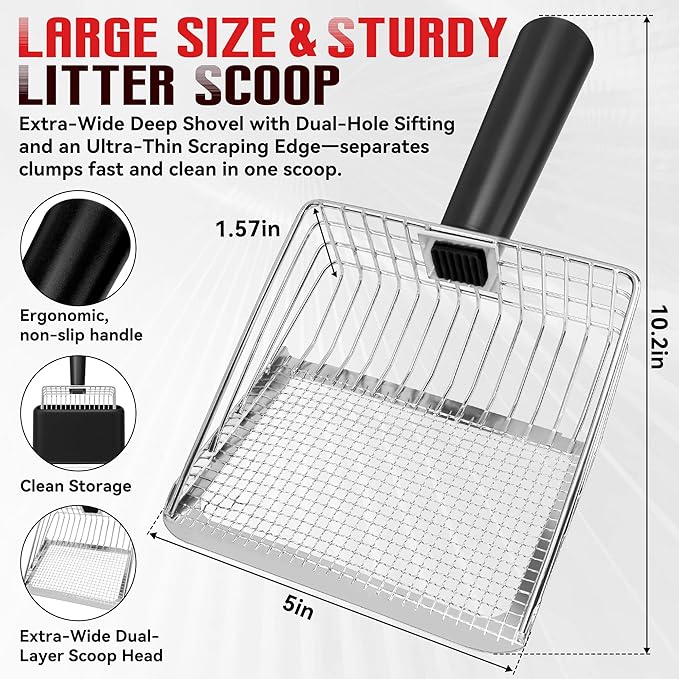 Metal Cat Litter Scoop with Holder, Heavy Duty Deep Sifter with Dual-Hole - Image 2