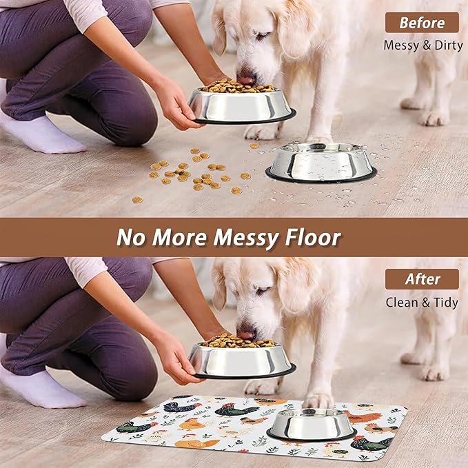 Rooster Dog Cat Food Mat, Hen Chicken Meadow Absorbent Pet Feeding Mat - Image 5
