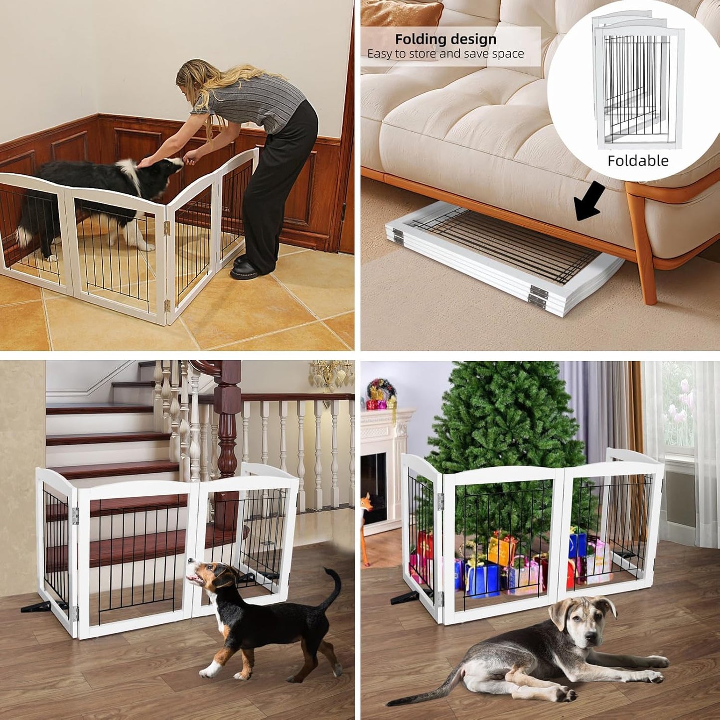 ZJSF Freestanding Dog Fence Indoor, Foldable Dog Gate for Doorways, Stairs or Hallways, Sturdy Wood Extra Wide Pet Gate with Support Feet for The House, White, 32 "Height-2 Panels