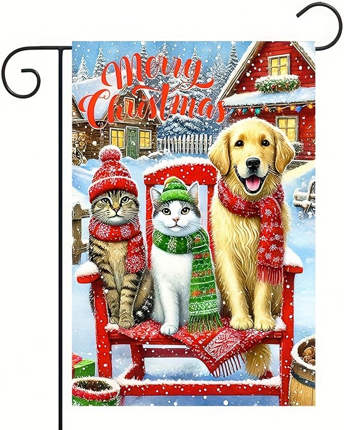 Merry Christmas Garden Flag 12x18 Double Sided Winter Cats and Dog Garden Flag by BlissYard
