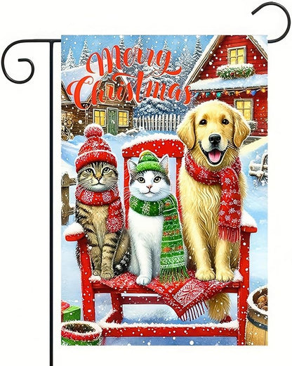 Merry Christmas Garden Flag 12x18 Double Sided Winter Cats and Dog Garden Flag by BlissYard