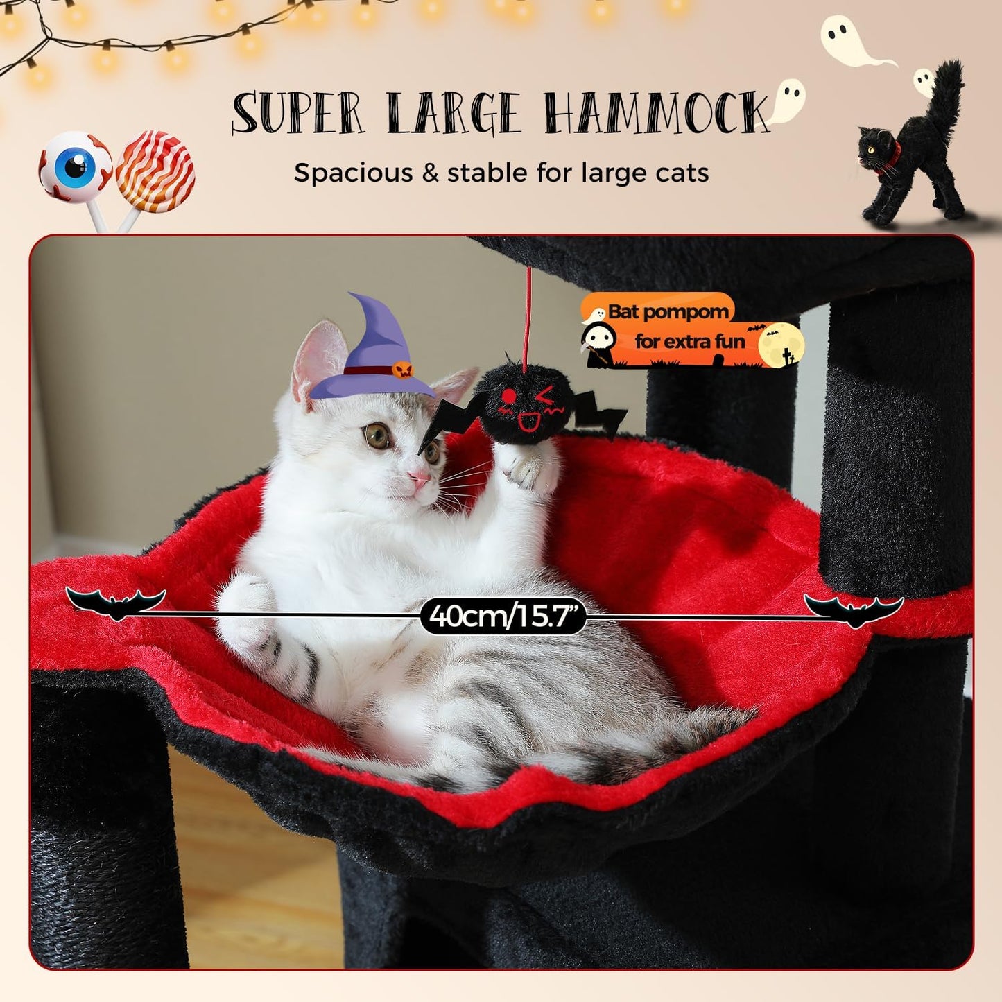 PAWZ Road Large Cat Tree, 41 Inches Gothic Cat Tower with 2 Spacious Condos for Indoor Cats, Large Black Cat House with Comfy Hammock, Padded Perch, Scratching Pad and Replaceable Balls-Black