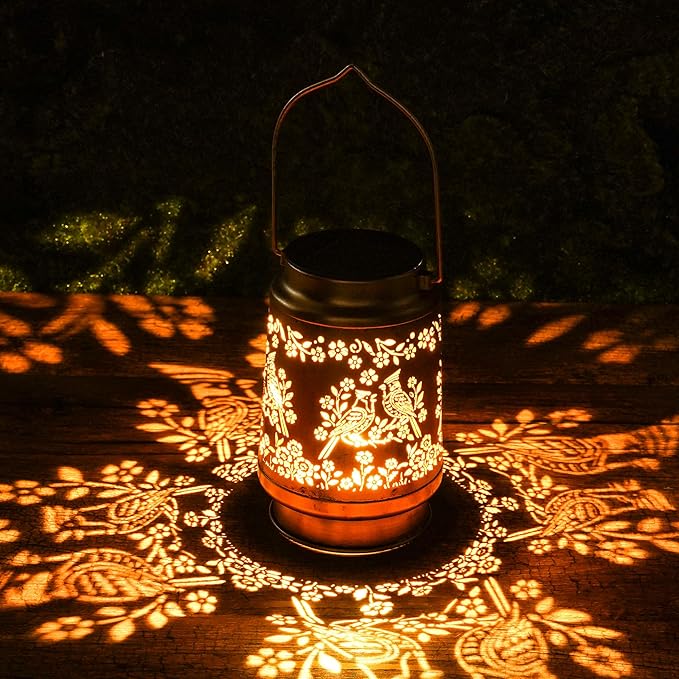 Solar Lanterns Outdoor Waterproof, Cardinal Bird Floral Design Hanging Solar - Image 6