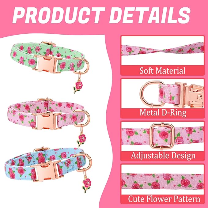 3 Pack Floral Dog Collars for Small Dogs Rose Flower Dog Collars - Image 3