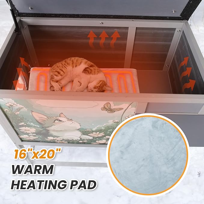 Outdoor Cat House with Heating Pad, Heated Raised Wood Cat Enclosure with - Image 3