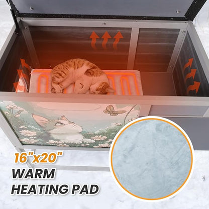 Outdoor Cat House with Heating Pad, Heated Raised Wood Cat Enclosure with - Image 3