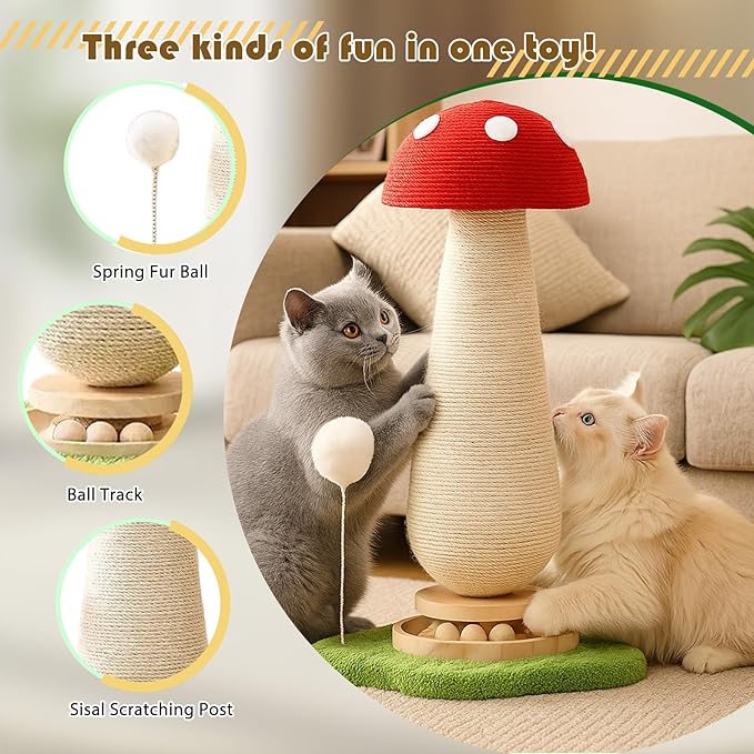 Mushroom Cat Scratcher Tower, Interactive Ball Track Spring Ball Cat Scratching - Image 3