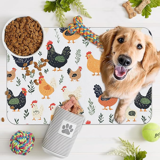 Rooster Dog Cat Food Mat, Hen Chicken Meadow Absorbent Pet Feeding Mat - Image 7