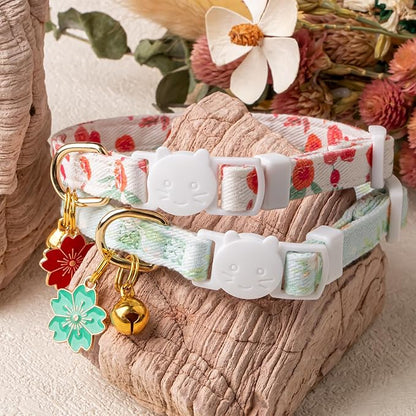 2 Pack Cotton Breakaway Cat Collar Green and Red Flowers Pendant Cute Kitten - Image 5