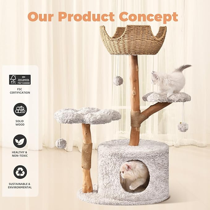 Easyego Modern Cat Tree, 43.3" Aesthetic Wood Cat Tree Tower - Image 5