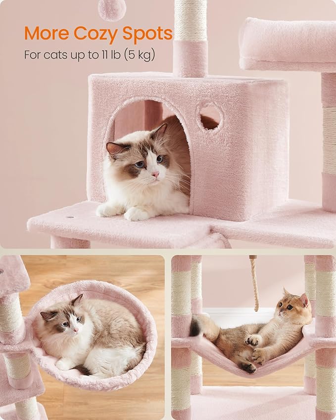 Feandrea Cat Tree, 66.1-Inch Large Cat Tower, 2 Perches, 2 Caves, Jelly Pink - Image 4