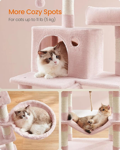 Feandrea Cat Tree, 66.1-Inch Large Cat Tower, 2 Perches, 2 Caves, Jelly Pink - Image 4