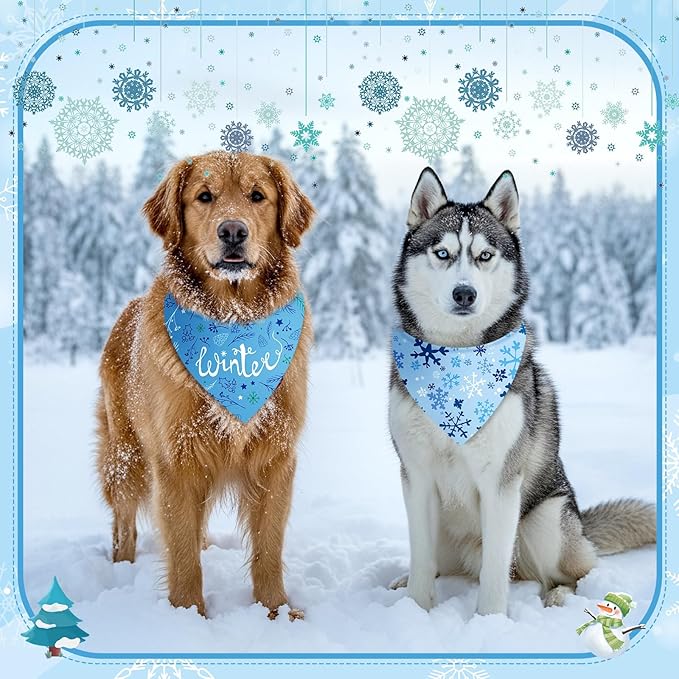 Preboun 50 Pcs Winter Dog Bandanas Bulk Blue Snowflakes Snowmen Bandanas - Image 4