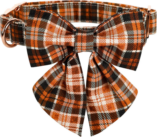 Lionet Paws Halloween Dog Collar with Bowtie - Cute Cotton Adjustable Fall Bowtie Dog Collar with Metal Buckle for Small Medium Large Dog Girl Boy Gift, L, Neck 16-24in