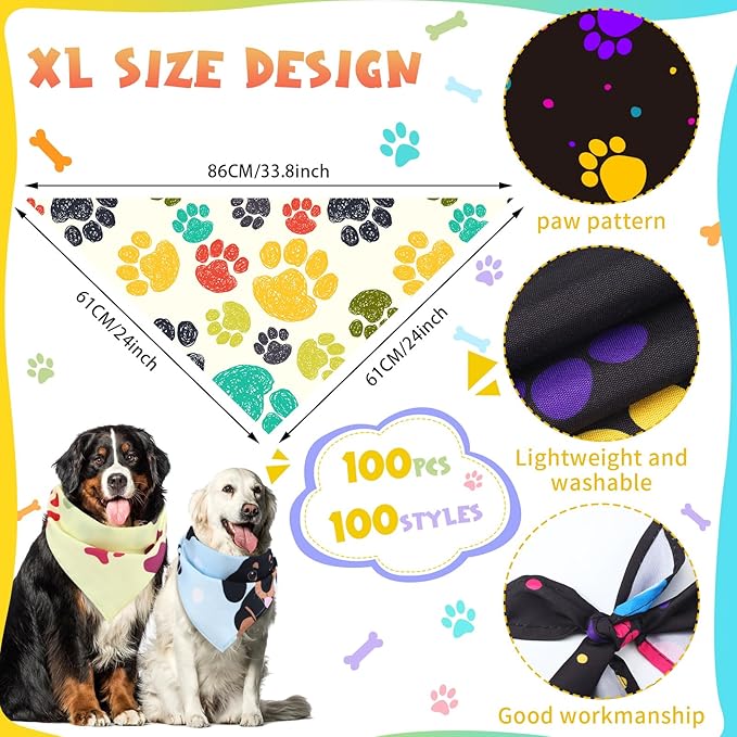 Huhumy 100 Pcs Paw Dog Bandanas Bulk Paw XL Pet Bandanas Colorful Triangle Pet - Image 2