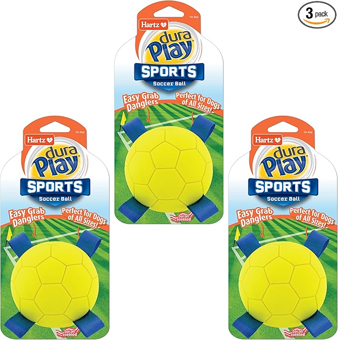 Hartz Dura Play Sports Soccer Dog Toy, Bacon Scented Squeaky Latex Yellow & by Hartz