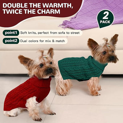 2 Pack Dog Sweaters for Small Dogs Winter Turtleneck Pullover Cable Knit Fleece - Image 2