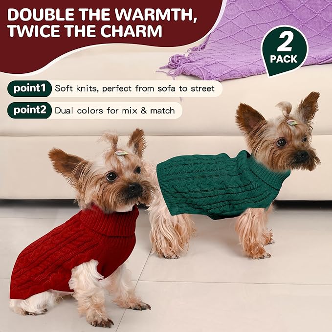 2 Pack Dog Sweaters for Small Dogs Winter Turtleneck Pullover Cable Knit Fleece - Image 2