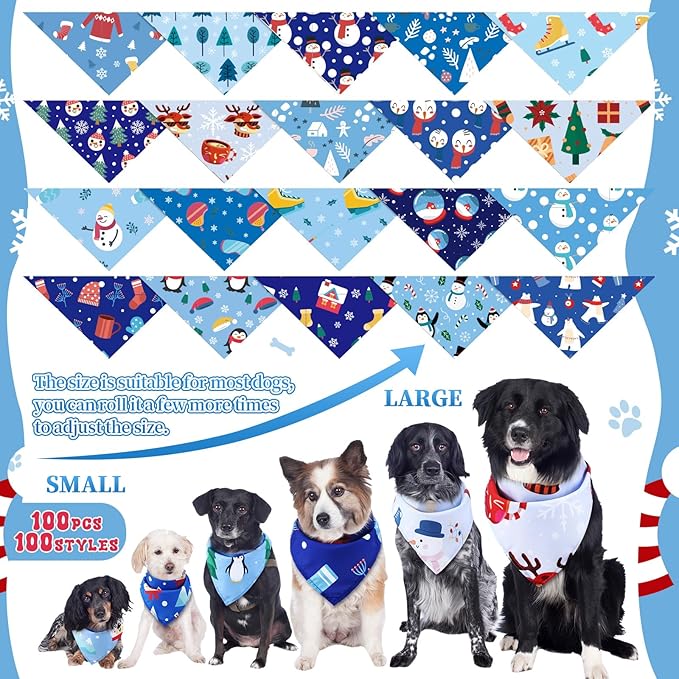 Huhumy 100 Pcs Winter Dog Bandanas Bulk Pet Bibs Blue Triangle Scarf Snowflake - Image 4