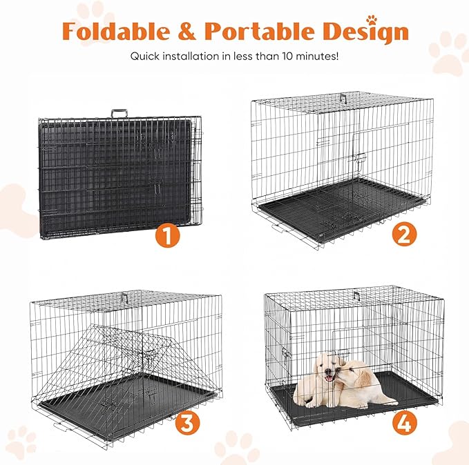Sweetcrispy Dog Crate, 42 Inch Double Door Folding Metal Wire Dog Cage - Image 5