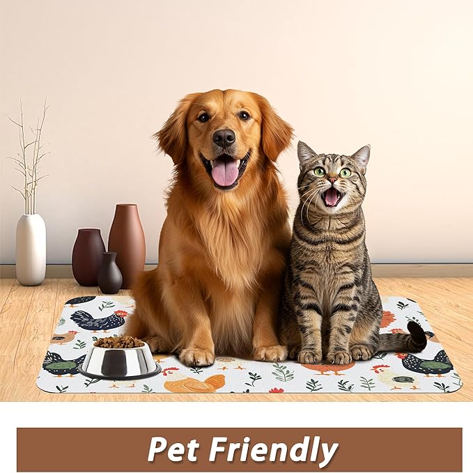 Rooster Dog Cat Food Mat, Hen Chicken Meadow Absorbent Pet Feeding Mat - Image 6