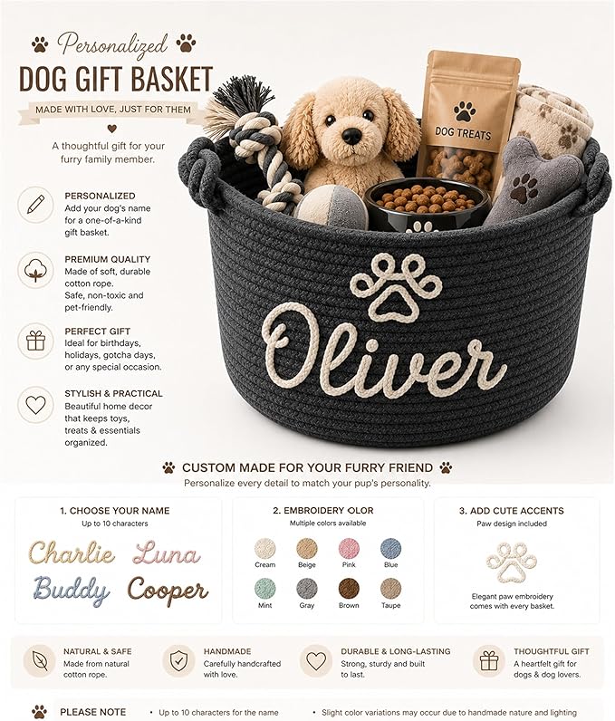 JUPPE Pet Dog Basket with Personalized Name, Dog Toys Storage Organizer Custom - Image 2