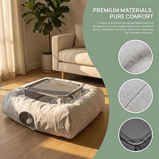 XxingSheep 2-Tier Hammock XXL Cat Tunnel Bed, 4 Cave Premium Hemp Fabric - Image 3