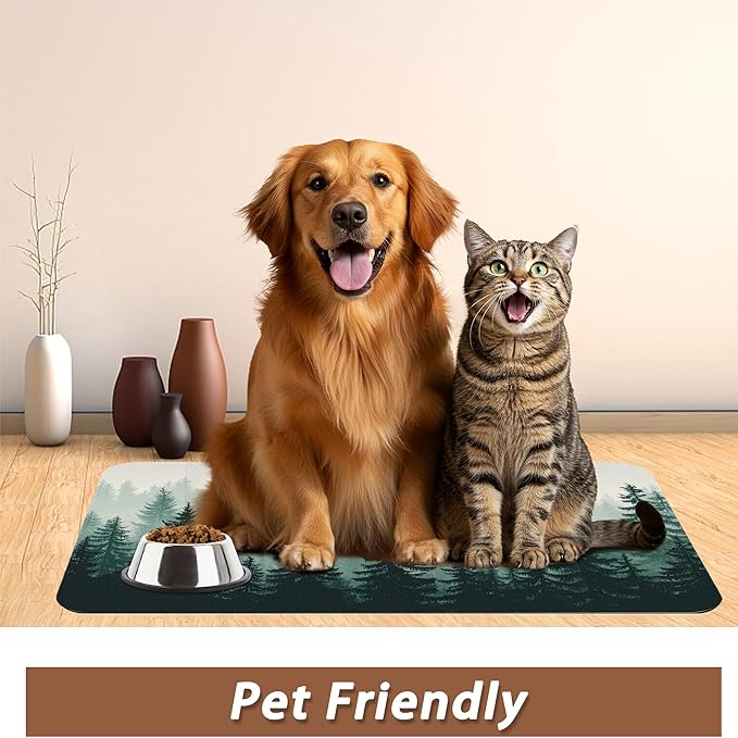 Misty Forest Pet Feeding Mat, Absorbent Quick-Dry Cat Dog Food and Water Bowl - Image 6