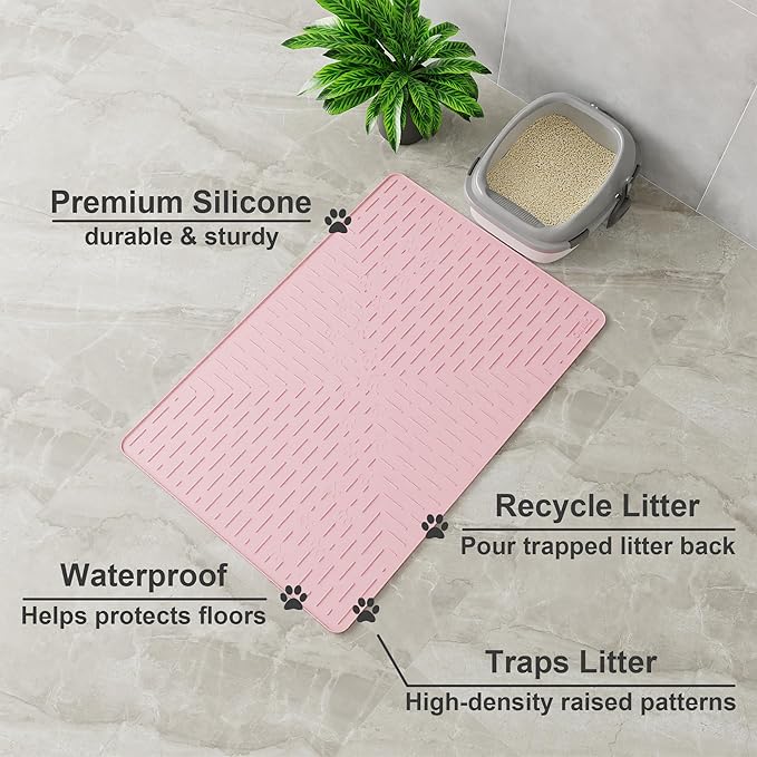 OHMO Cat Litter Mat Trapping Mat Premium Silicone 37.5x25.2，Pink, Waterproof - Image 2