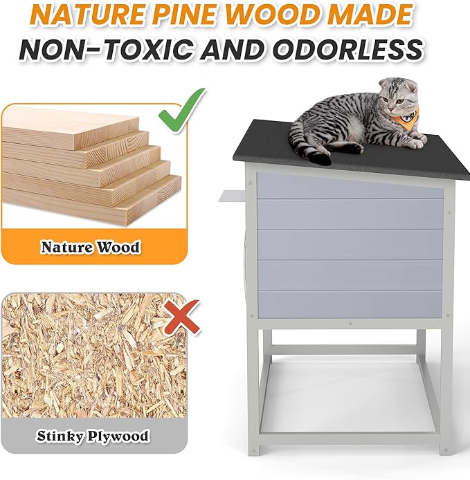 Outdoor Cat House with Heating Pad, Heated Raised Wood Cat Enclosure with - Image 4