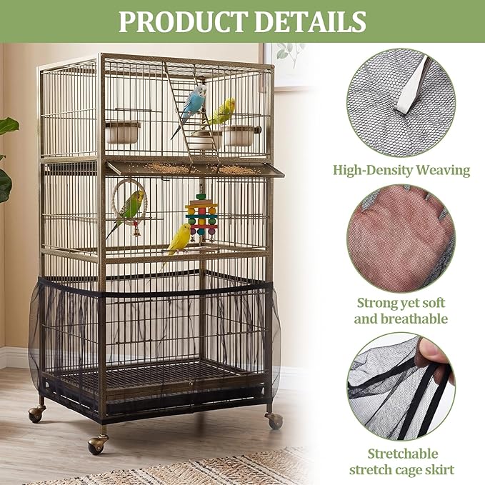 Bird Cage Cover, Bird Cage Seed Catcher, Durable Airy Nylon Mesh Net, - Image 3