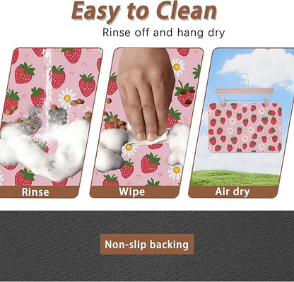 Cute Strawberry Flower Dog Cat Food Mat, Non-Slip Water Bowl Placemat, Indoor - Image 4
